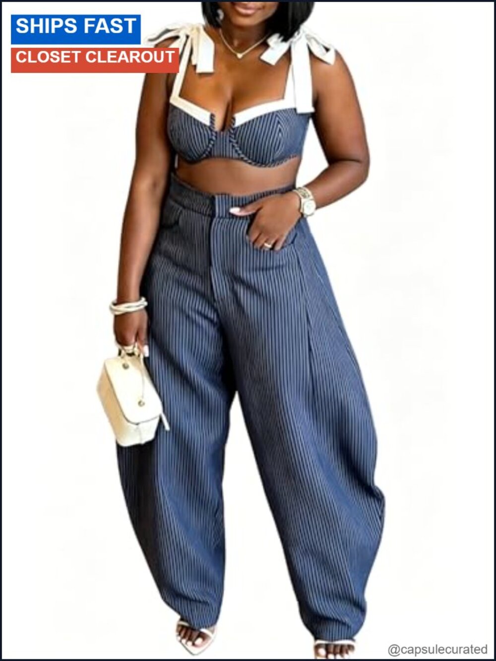 Women's 2 Piece Set Bow Tie Crop Top & Wide Leg Pants Travel Outfit